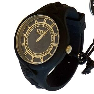 VERSACE Versus Versace Black Gold Lion Head Stainless Steel & Silicone Watch NWT